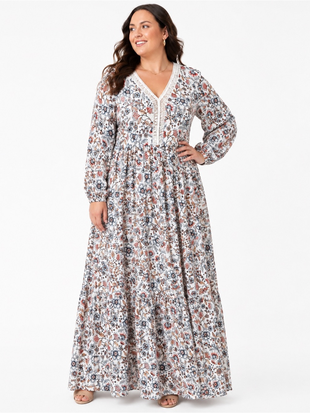 NWT ELOQUII Size 18 Floral Lace Trim Long Sleeve Maxi Dress Plus